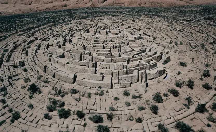 Prompt: high quality 2000s historic footage of gigantic labyrinth in the desert buildings in liminal space style and megalith, color aerial photo drone, Cinestill 800t, heavy grainy picture, very detailed, high quality, 4k panoramic