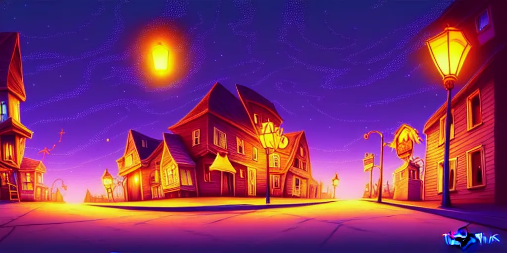 Prompt: curved perspective digital art of a summer night small town street from tim burtons nightmare before christmas by petros afshar