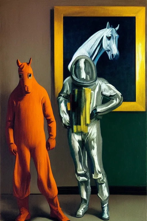 Image similar to man in horse costume, horse in costume astronaut, hauntingly surreal, highly detailed painting by francis bacon, edward hopper, adrian ghenie, gerhard richter, and james jean soft light 4 k,