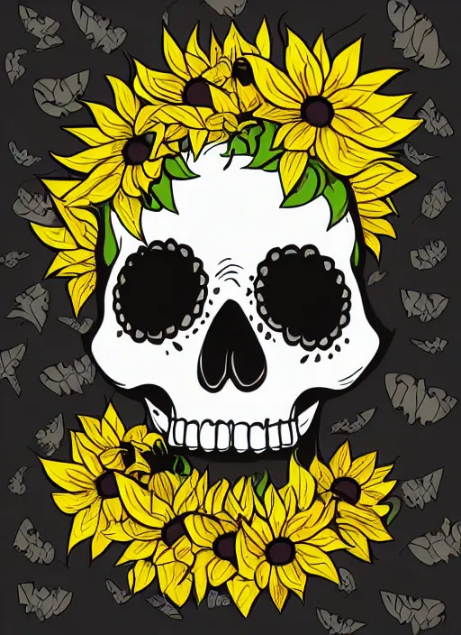 Prompt: skull head in the middle of a sunflower, spooky halloween theme, illustration line art style