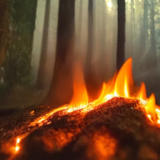 Image similar to photo of a candle tipped over and starting a forest fire, misty, low angle, artistic photo