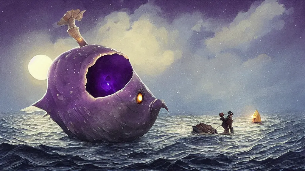 Prompt: a giant!!!!! anglerfish!!!!! at the surface of the water meets a sailor with a lantern!!!! on a sloop, background with large full moon and purple sky, in the styles of tom coletti, jorge jacinto, and thomas veyrat intricate, accurate details