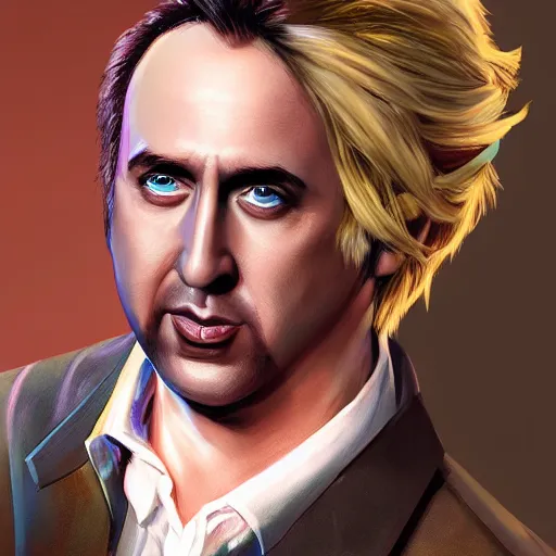 Prompt: fantasy comic book style portrait painting of Nick Cage with blonde hair dancing, unreal 5, DAZ, hyperrealistic, octane render, cosplay, RPG portrait, dynamic lighting