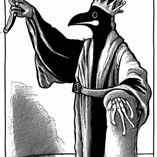 Prompt: plague doctor wearing a crown 1930 cartoon illustration black and white lineart detailed technical drawing