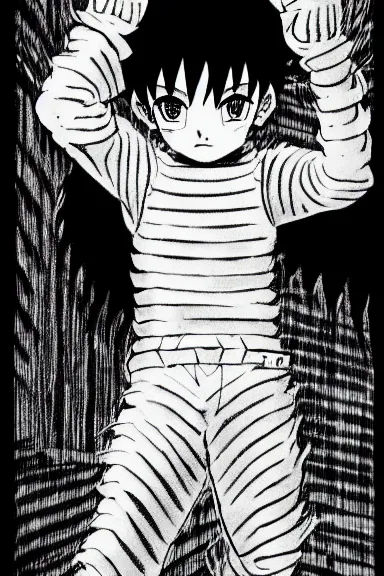 Prompt: attractive salvage little boy in cat suit, black and white artwork made by kentaro miura and yoshihiro togashi