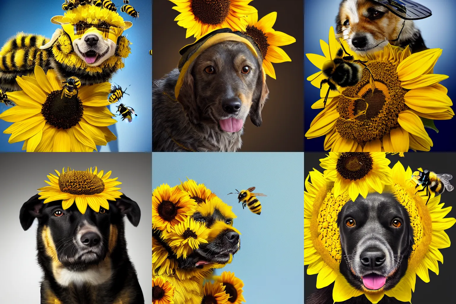 Prompt: bumblebee dog with bumblebee coat wearing a sunflower covered in bumblebees as a hat, photo realistic, studio lighting, realistic shadows, 4 k