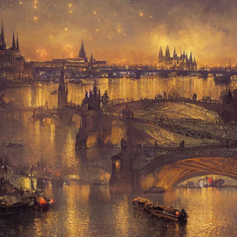 Image similar to a beautiful painting of the view from the river of london or prague during a fireworks festival, at night with a sky full of stars and fireworks, intricate, elegant, highly detailed, digital painting, artstation, concept art, by krenz cushart and artem demura and alphonse mucha