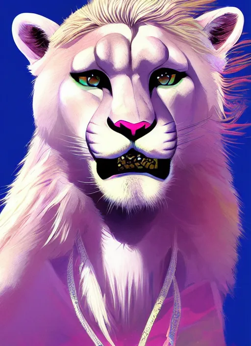 Image similar to award winning beautiful portrait commission of a male furry anthro albino mountain lion with a beautiful hyperdetailed attractive outfit and face wearing a blue and pink rockstar outfit on a stage. Character design by charlie bowater, ross tran, and makoto shinkai, detailed, inked, western comic book art