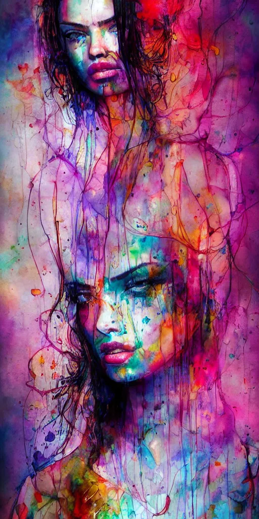 Image similar to adriana lima by agnes cecile enki bilal moebius, intricated details, sitting on a stool, full body portrait, extremely luminous bright design, pastel colours, drips, autumn lights