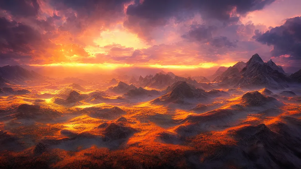 Prompt: amazing landscape photo of an isekai world in sunset by marc adamus, beautiful dramatic lighting