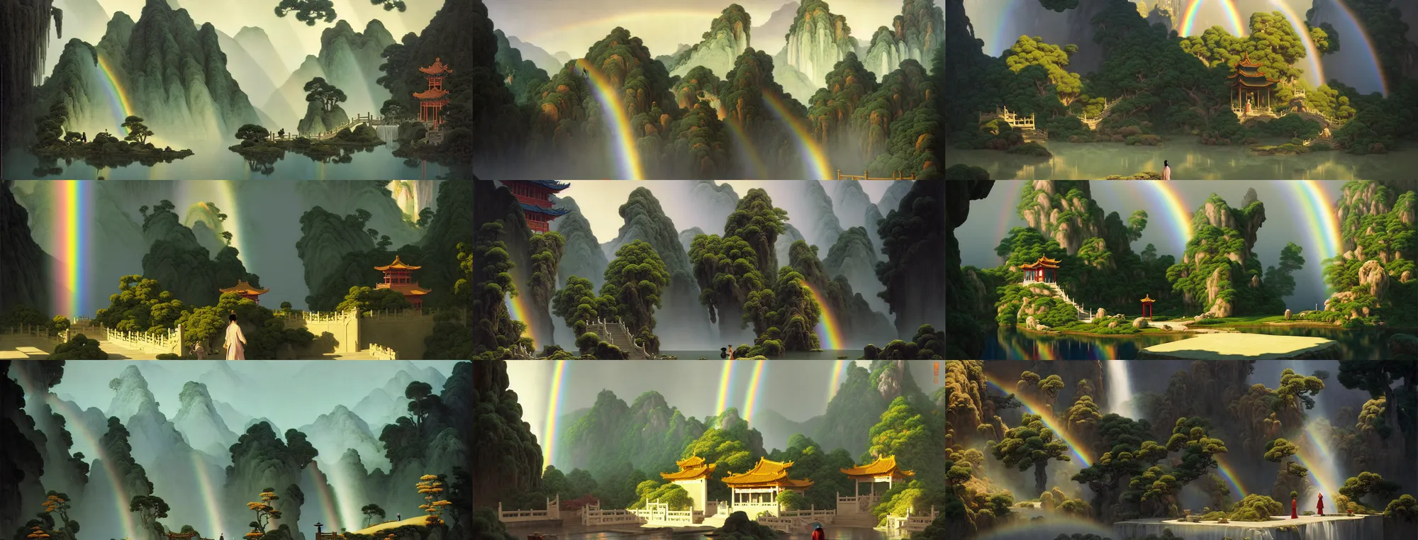 Prompt: a gorgeous landscape painting by barlowe wayne, maxfield parrish and marco mazzoni. chinese temple. rainy mood!! sunny morning. a lonely chinese wuxia walks on the winding stone steps, stone gate to the dark cave, 3 d, octane render, turbulent lake, waterfall. fog, just one rainbow. 8 k.