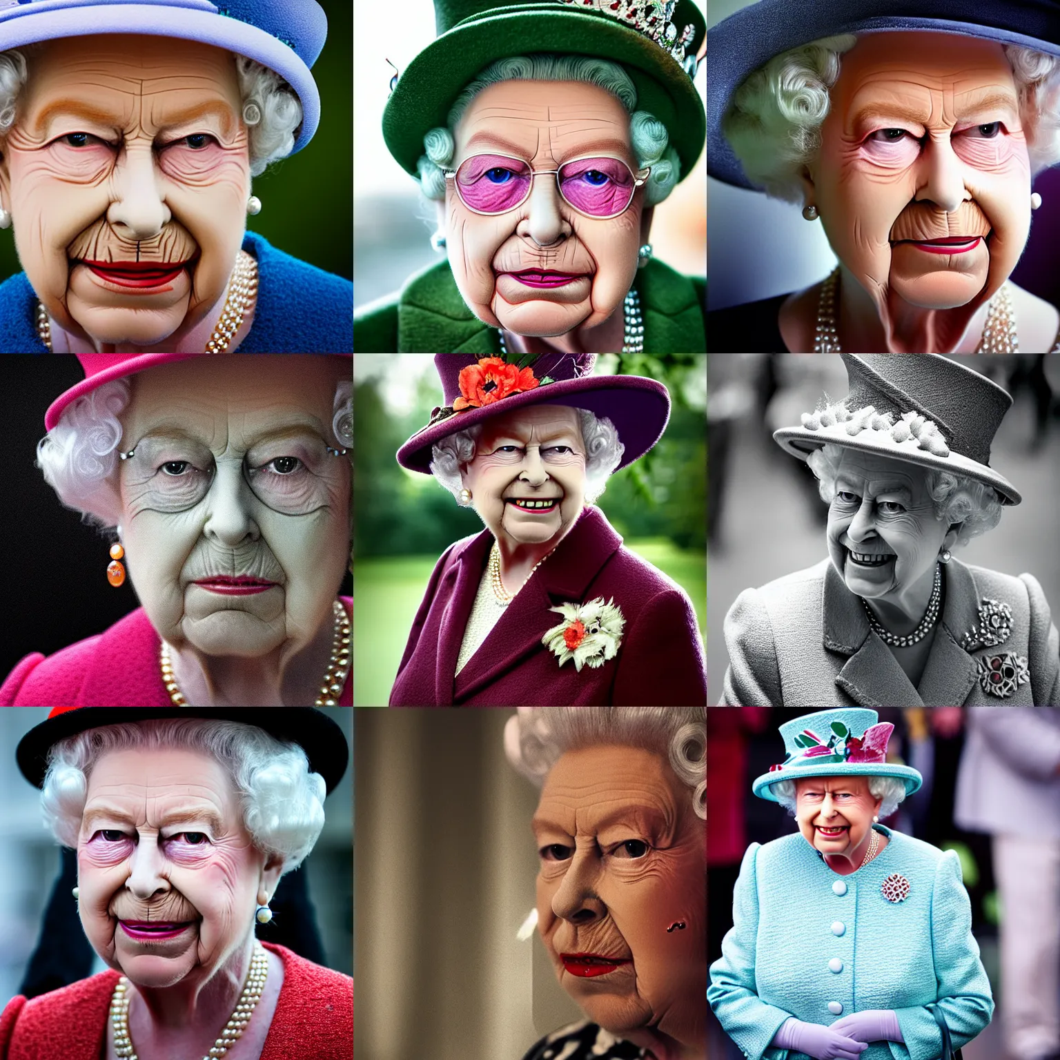 Prompt: portrait photograph, queen elizabeth as a zombie, outfit of austin powers, depth of field, bokeh