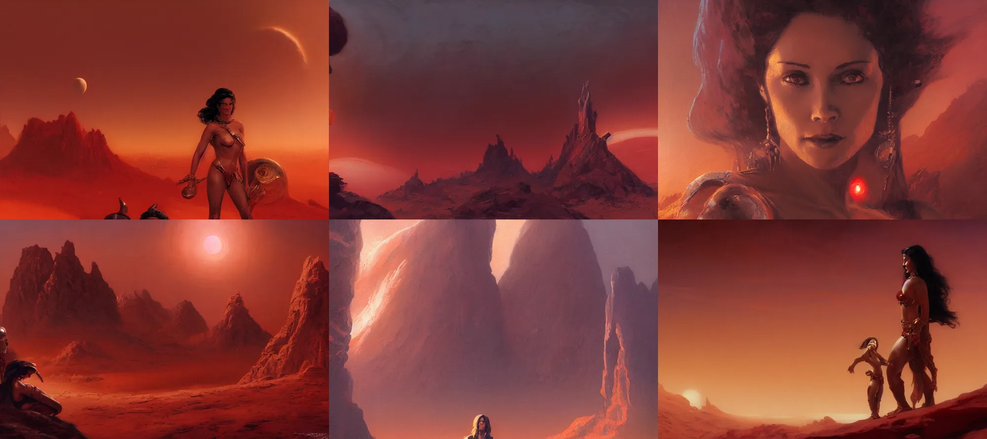 Prompt: portrait of dejah thoris of mars, close up, martian landscape red haze, two moons in the sky, edgar rice burroughs, epic feels, high details, oil painting by greg rutkowski and craig mullins, frank frazetta, 8 k