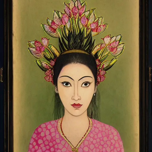 Prompt: portrait of a beautiful woman with lotus flowers in the place of eyes.