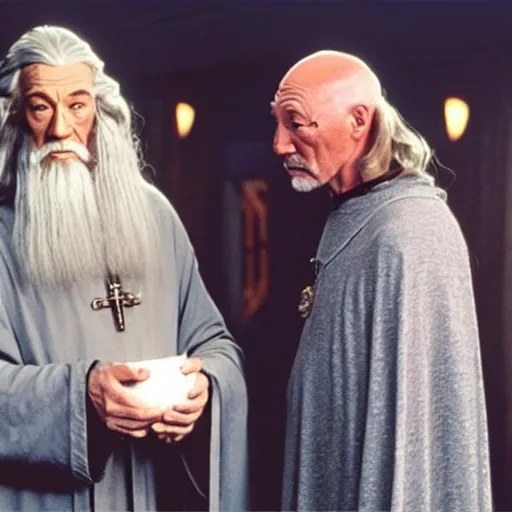 Image similar to jesus, gandalf and picard hanging out together