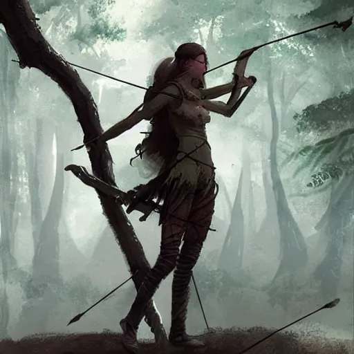 Image similar to fantasy art of a female forest archer in the style of greg rutkowski