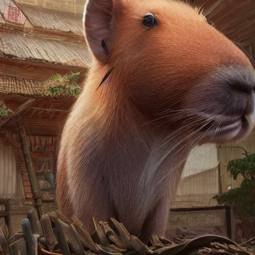 Image similar to character portrait of the capybara princess with gorgeous detailed eyes in the marketplace in the sky, color page, tankoban, 4 k, tone mapping, doll, akihiko yoshida, james jean andrei riabovitchev marc simonetti, yoshitaka amano, long hair, curly, greater capybara, giant cavy rodent, h. hydrochaeris