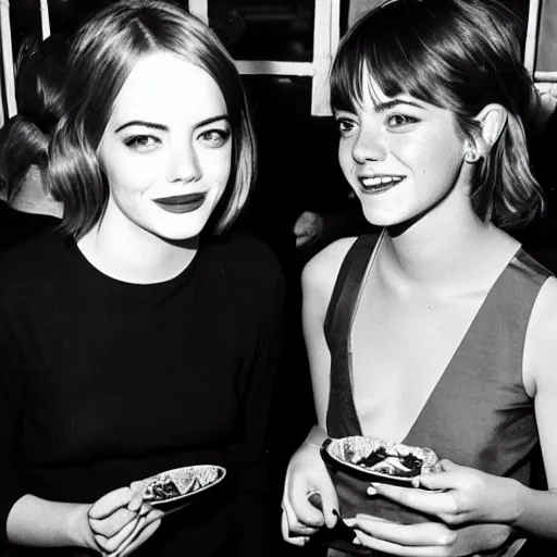 Image similar to b & w photo of emma stone and emma watson having dinner in the 1 9 7 0 s,