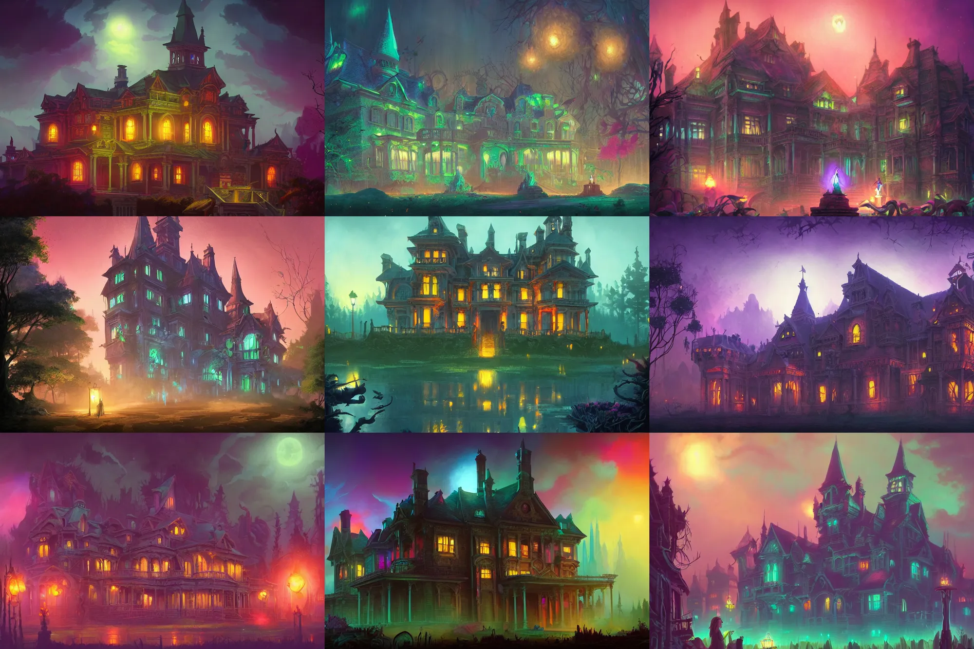 Image similar to matte painting, haunted mansion, infographic with illustrations!!!, glowing lights, epic fantasy, colorfully, digital art, highly saturated colors, concept art, detailed illustration, hd, 4 k, digital art, greg rutkowski, dan mumford, studio ghibli trending on artstation