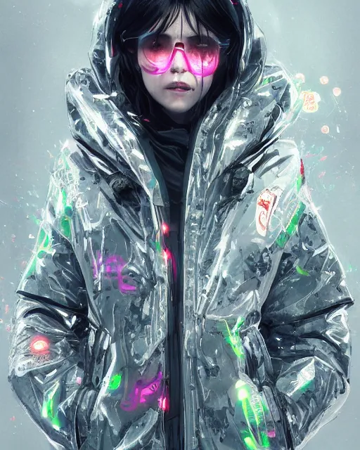 Image similar to detailed portrait Neon Operator Girl cyberpunk futuristic neon Reflective puffy coat, decorated with traditional japanese ornaments by ismail inceoglu dragan bibin hans thoma greg rutkowski Alexandros Pyromallis Nekro Rene Margitte illustrated Perfect face, fine details, realistic shaded, fine-face, pretty face