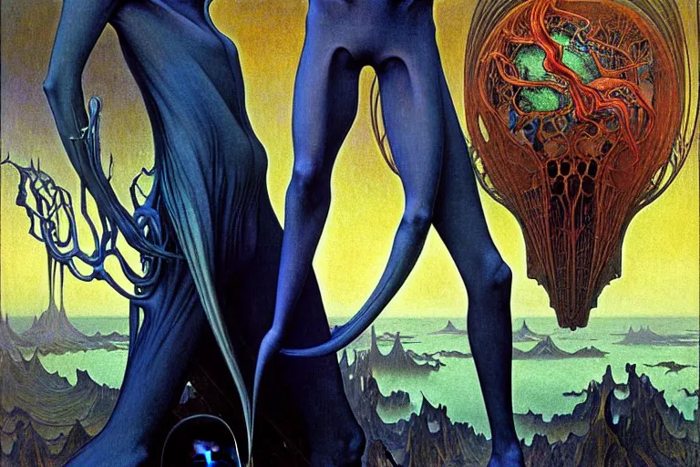 Image similar to realistic extremely detailed portrait painting of an elegantly creepy vampire man in cape, futuristic sci-fi landscape on background by Jean Delville, Amano, Yves Tanguy, Alphonse Mucha, Ernst Haeckel, Edward Robert Hughes, Roger Dean, rich moody colours, blue eyes