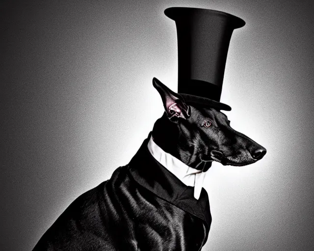 Image similar to greyhound wearing a black cloak and a top hat under a spotlight, magician dog