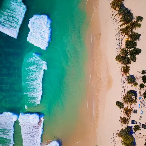 Prompt: Aerial view of a beach with tons of towels of differents colors on the beach, award photography