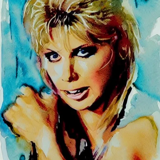 Prompt: “a Bill Sienkiewicz watercolor portrait of Olivia Newton John as Sandy from the film Grease”