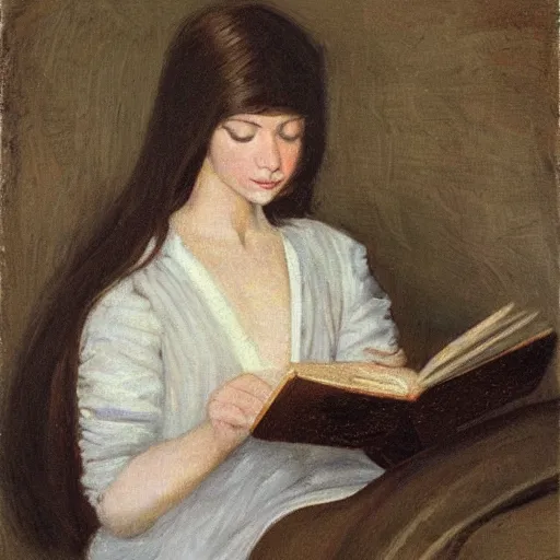 Prompt: a girl reading a book, her hair flowing down, subtle, intricate details, real masterpiece, oil on canvas, by john smith