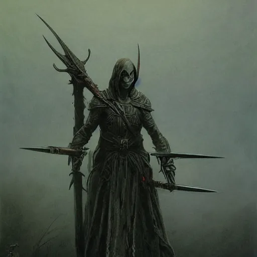 Prompt: dark elf assassin concept art, wielding dual blades, by beksinski, wayne barlowe
