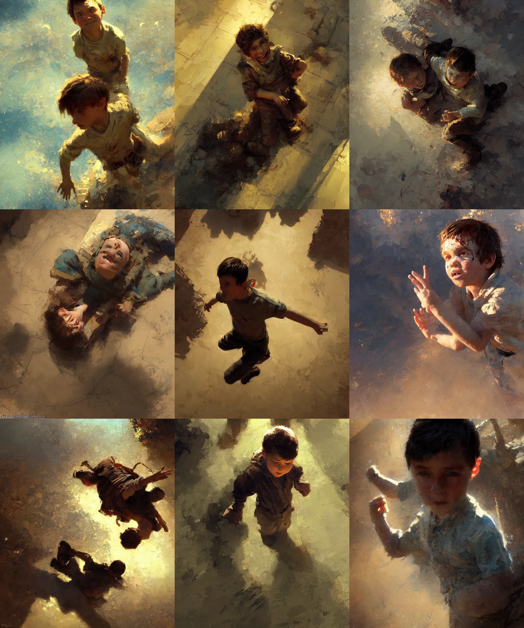 Prompt: overhead view digital art painting of a young boy falling, face expression painted by craig mullins and gaston bussiere and greg rutkowski, dramatic lighting, close up