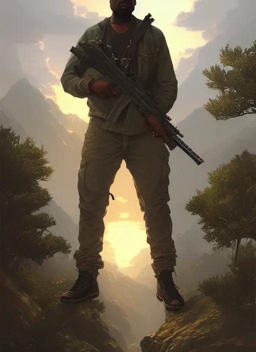 Image similar to highly detailed portrait kanye holding rifle in gta v stephen bliss unreal engine fantasy art by greg rutkowski loish rhads ferdinand knab makoto shinkai lois van baarle ilya kuvshinov rossdraws tom bagshaw global illumination radiant light detailed intricate environment