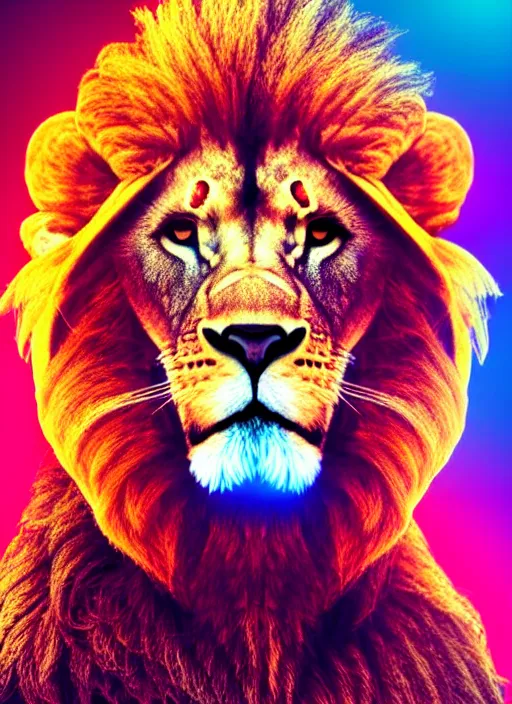 Image similar to portrait of a lion wearing a futuristic helmet, synth - wave,