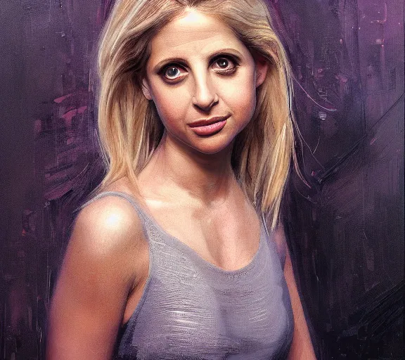 Image similar to a hyper-detailed portrait of Sarah Michelle Gellar; Sarah Michelle Gellar by Craig Mullins; oil on canvas; trending on artstation; 90mm; f/1.4