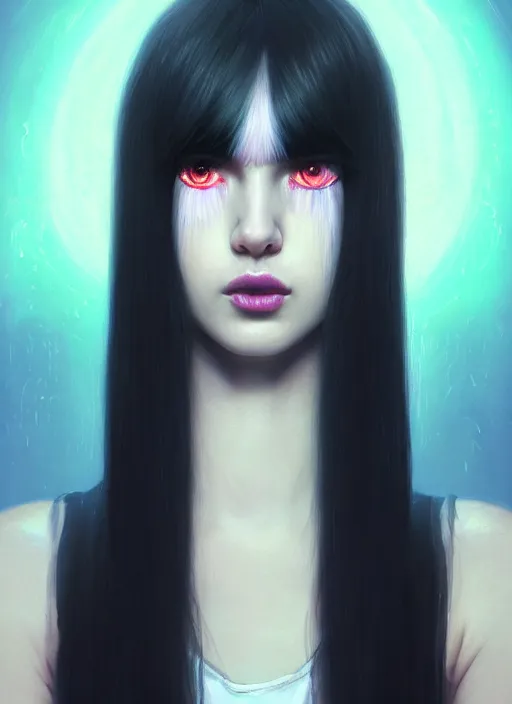 Image similar to hair whitebangs hair, black hair, whitebangs, portrait of teenage girl with white bangs, red irises, purple clothes, white bangs, bangs are different color from hair, intricate, elegant, glowing lights, highly detailed, digital painting, artstation, concept art, smooth, sharp focus, illustration, art by wlop, mars ravelo and greg rutkowski