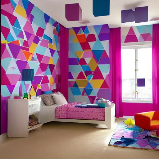 Prompt: furnishing catalog photography, children's room. The walls are decorated with triangles of all colors that explode towards the ceiling