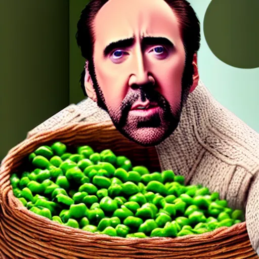 Image similar to nicolas cage wearing a wicker basket on head screaming a mouth full of peas