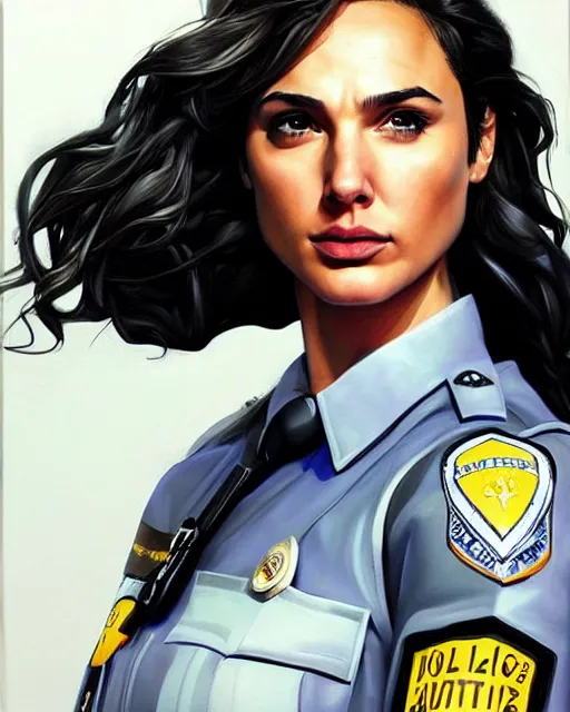Image similar to hyper realistic painting of gal gadot in a police uniform, hyper detailed, anime, by clay mann, trending on artstation