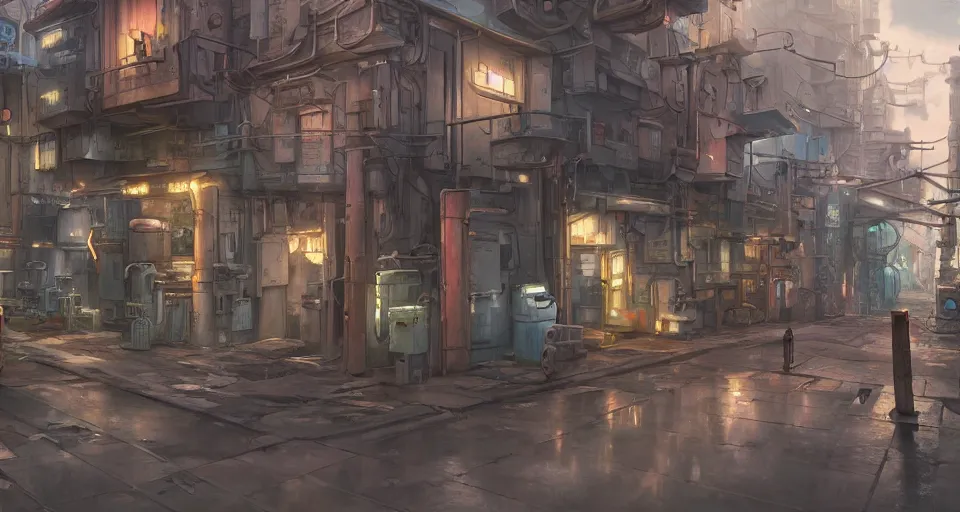 Prompt: matte painting of sci - fi alleyway with mechanical robotic shop, in style of hayao miyazaki, by studio ghibli, hyper detailed, 8 k hdr, artstation, cg render