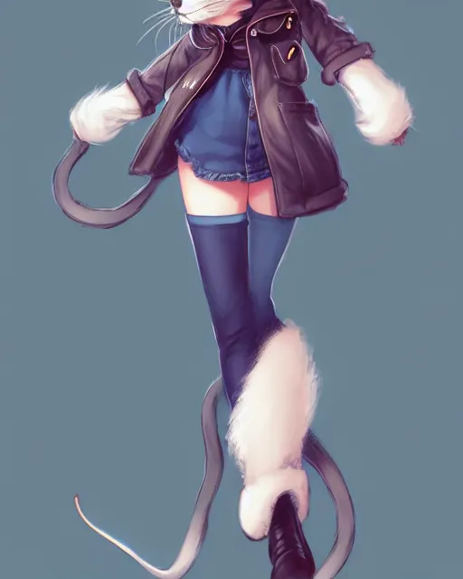 Image similar to fullbody portrait of anthropomorphic half - mouse fluffy cute anime woman in jeans coat, concept art, anime art, by a - 1 picture, trending on artstation artgerm, furaffinity, ross tran, marc davis