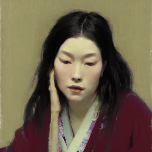 Prompt: girl with flowing dark hsir, in kimono, frontview, sitting on edge of bed, big chest by jeremy lipking, tim rees, joseph todorovitch