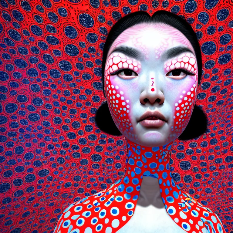 Prompt: realistic detailed image of a geisha in a padded room, 8 k conjuring psychedelic background, part by yayoi kusama, part by alex gray, part by ross tran, part by james jean, ultra realistic, highly detailed, life like face, detailed body, 8 k, octane render, trending on artstation, very cohesive, masterpiece