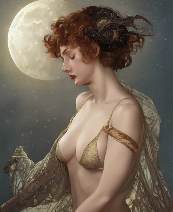 Prompt: the moon goddess, intricate and detailed silk lingerie set, suspenders, honey birdette, realistic renaissance portrait, highly detailed, digital painting, artstation, concept art, smooth, sharp focus, cinematic lighting, art by john collier, artgerm and greg rutkowski and alphonse mucha and jacques louis david