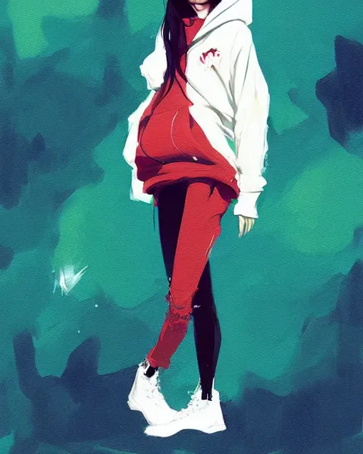 Image similar to a ultradetailed painting of a stylish girl in a oversized hoodie by conrad roset, greg rutkowski and makoto shinkai trending on artstation