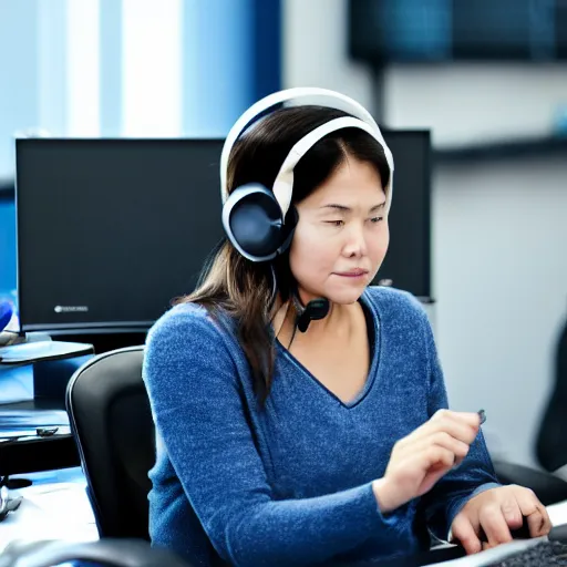 Image similar to woman wearing headset in sit infront computer talking with customers. work from office. photo, digital camera photo.