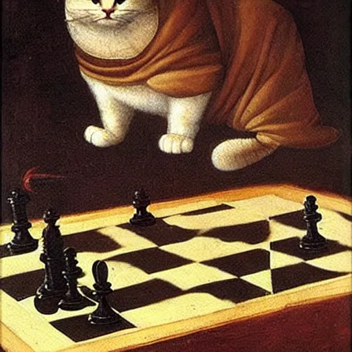 Image similar to a cat playing chess looking wise, Leonardo da Vinci oil painting