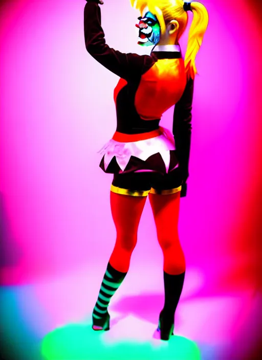 Prompt: kodak portra 4 0 0 of wendy's mascot wendy thomas as harley quinn, neon mood 8 k, soft light, volumetric lighting, highly detailed, 1 5 0 mm lens, elegant, vhs still photo realistic skin, backlit texture