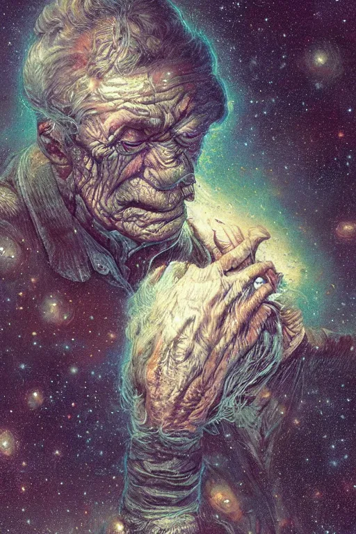 Prompt: the look of an elderly person full of wrinkles and imperfections by artgem and les edwards, highly detailed, high contrast, light reflection, trippy, nebula, trending on artstation