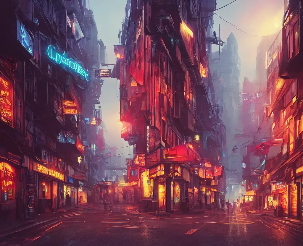 Image similar to three point perspective close wide angle shot of a matte painting environment design of future London alley with neon lights and advertisements, artstation, ultra realistic, volumetric lighting, 4k, unreal engine, octane render, art by Artgerm and Greg Rutkowski and Alphonse Mucha