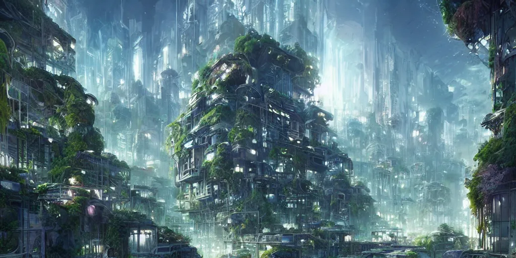 Prompt: Aesthetic!!!!! Future city made of Crystal structures in nature, buildings surrounded by nature by Jordan Grimmer. Geoffroy Thoorens.